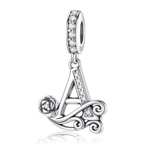 HappyStar 925 Sterling Silver Letter Charms for Bracelets Rose Alphabet Initial Dangle Pendants Fit for Pandora Charms Bracelet Charms Beads Jewelry Gifts for Women - color: Alphabet A