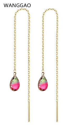 WANGGAO Stainless Steel Water Drop Long Chain Earrings for Women Linear Crystal Threader Earrings Jewelry - color: Green Pink