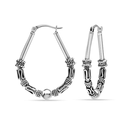 LeCalla 925 Sterling Silver Hoop Earrings for Women | Italian Design Classic Diamond-Cut Textured Hoops Earring | Women's Oval Drop Shape Silver Earring Jewelry - color: Bohemian Tribal Bali