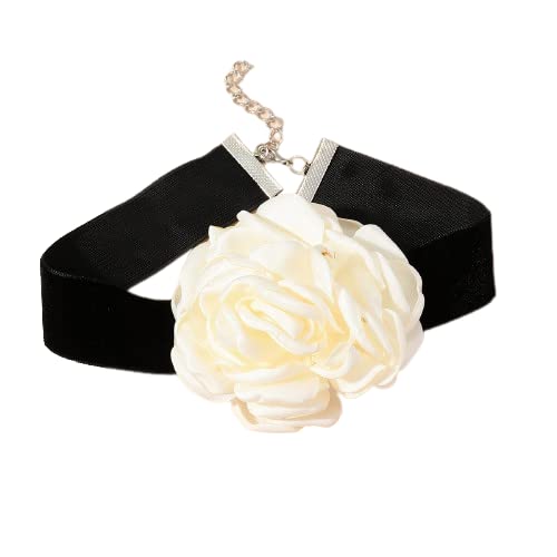 Pingyongchang Black Choker Necklace Camellia Flower Lace-Up Necklace for Women Lace Velvet Collar Colorful Bride Wedding Party Summer Necklaces Long Ribbon Vintage Big Flower Mother's Day Jewelry - color: White Choker