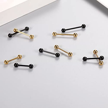GAGABODY 5 Pairs Nipple & Tongue Rings - 14G Surgical Steel Screw Barbell - Straight, 12mm-20mm - color: Black+Gold