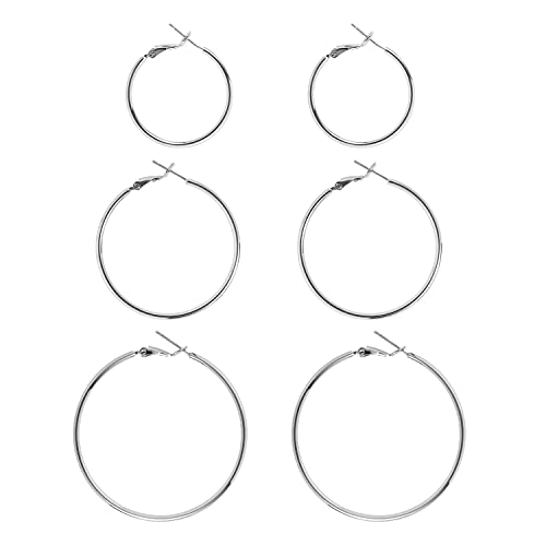 DAILY VIBES Simple Big Thin Hoop Earrings for Women Trendy, 3 Pairs | 925 Sterling Silver Post Large Hoops, 14K Gold or Silver Plated Loop, Hypoallergenic Hoop Earrings Set - color: Silver, size: 30-40-50mm