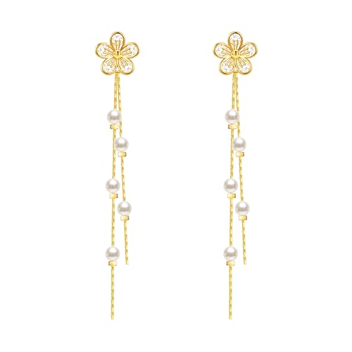 Pearl Earrings for Women 14k Gold/Silver Pearl Drop Earrings Long White Pearl Tassel Dangle Statement Earrings Bridal Wedding Dainty Prom Earrings Birthday Gifts Jewelry - color: Gold Flower Pearl Drop Earrings