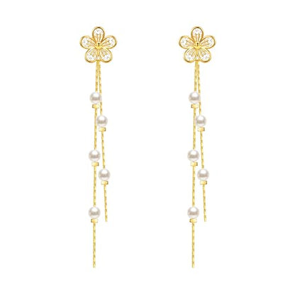 Pearl Earrings for Women 14k Gold/Silver Pearl Drop Earrings Long White Pearl Tassel Dangle Statement Earrings Bridal Wedding Dainty Prom Earrings Birthday Gifts Jewelry - color: Gold Flower Pearl Drop Earrings