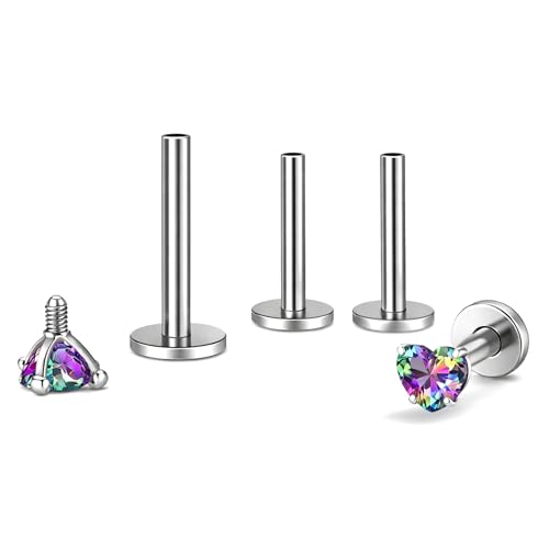 Titanium Heart CZ Labret Stud Earrings for Piercings by Ginger Lyne 6Pc Set G23 Screw Front Flat Back Body Jewelry 2 pair post 6mm, 8mm Cartilage, Helix, Tragus, Lip, Conch, Lobe - color: 3mm-MysticRainbow