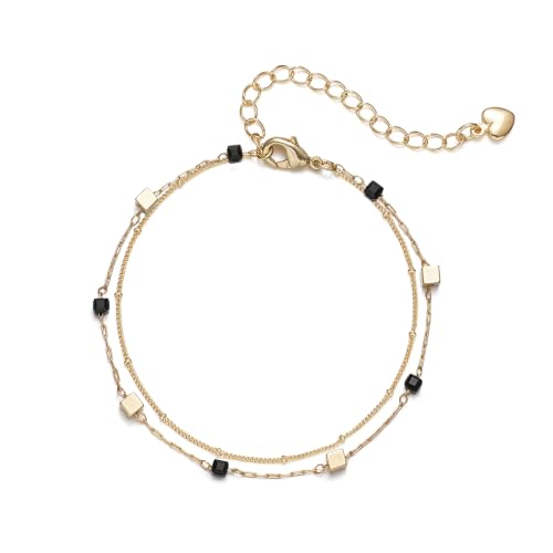 Gold Bracelets for Women Dainty 14K Gold Plated Layered Chain Bracelets Turquoise Green Aventurine Crystal Beaded Bracelets for Women - color: Black & Gold