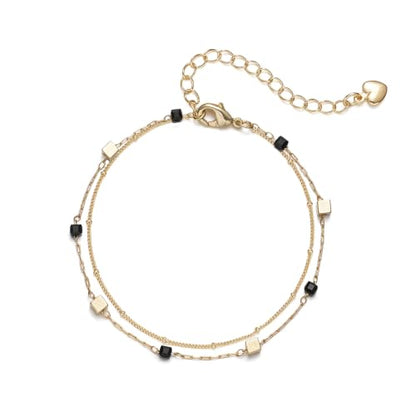 Gold Bracelets for Women Dainty 14K Gold Plated Layered Chain Bracelets Turquoise Green Aventurine Crystal Beaded Bracelets for Women - color: Black & Gold