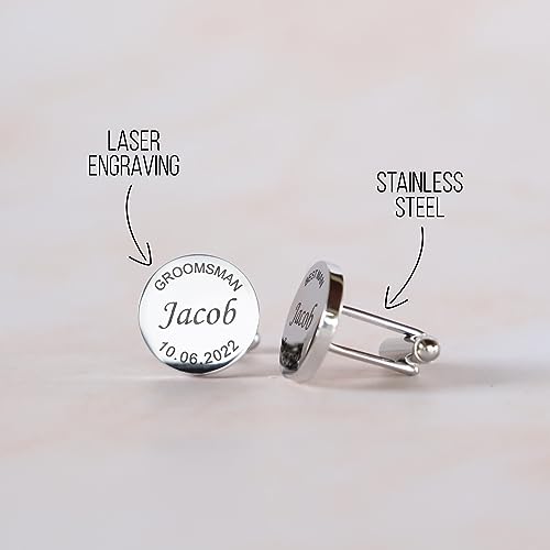Custom engraved cufflinks for men, personalized wedding gift for groom, father of the bride & groom dad, best men, customized gold & silver cufflinks with dates, quotes or couples initials from bride - style: Groomsman - Best Man