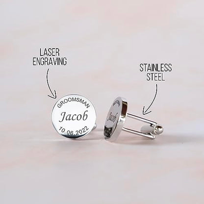 Custom engraved cufflinks for men, personalized wedding gift for groom, father of the bride & groom dad, best men, customized gold & silver cufflinks with dates, quotes or couples initials from bride - style: Groomsman - Best Man