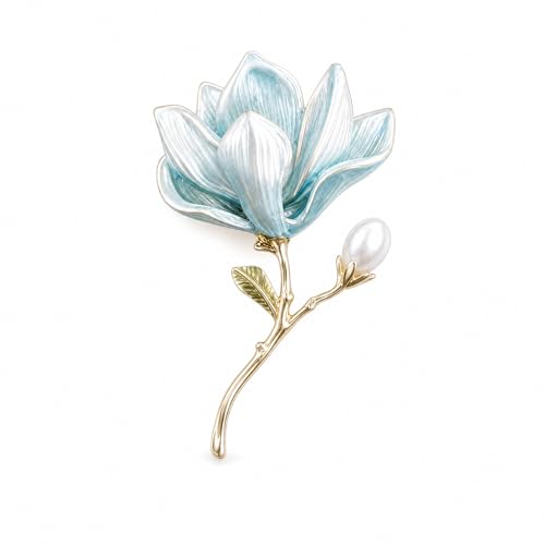 Blue Flower Brooch For Women Vintage Lapel Pin Elegant Dress Accessories Floral Faux Pearl Corsage Radiant Jewelry
