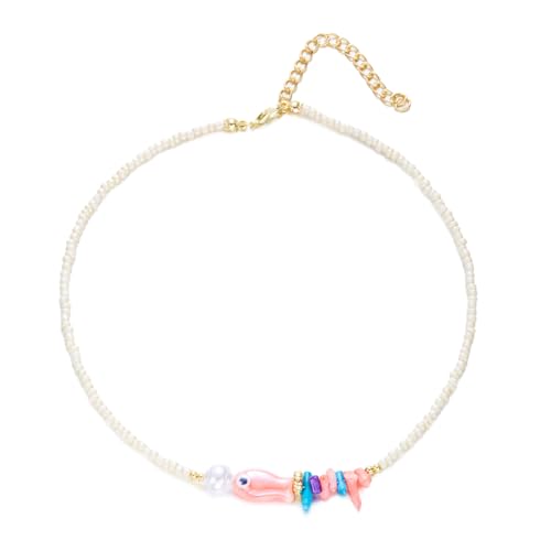 Seed Bead Choker Necklace for Women Bohemian Tiny Beads Choker Colorful Rice Bead Starfish Choker Summer Surfer Beach Necklace Jewelry Gift - color: F - Pearl Fish