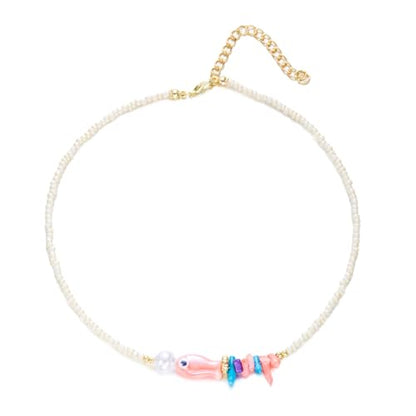 Seed Bead Choker Necklace for Women Bohemian Tiny Beads Choker Colorful Rice Bead Starfish Choker Summer Surfer Beach Necklace Jewelry Gift - color: F - Pearl Fish