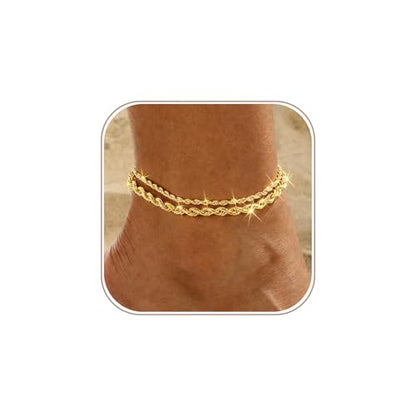 Gold Anklets for Women -14K Gold Plated 2-Strand Layered Ankle Bracelet Waterproof Tarnish Resistant Hypoallergenic Adjustable 8"+2.5" Minimalist Beach Jewelry Gift - style: Stack Anklet 02-GD
