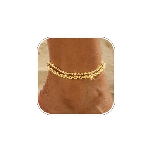 Gold Anklets for Women -14K Gold Plated 2-Strand Layered Ankle Bracelet Waterproof Tarnish Resistant Hypoallergenic Adjustable 8"+2.5" Minimalist Beach Jewelry Gift - style: Stack Anklet 02-GD