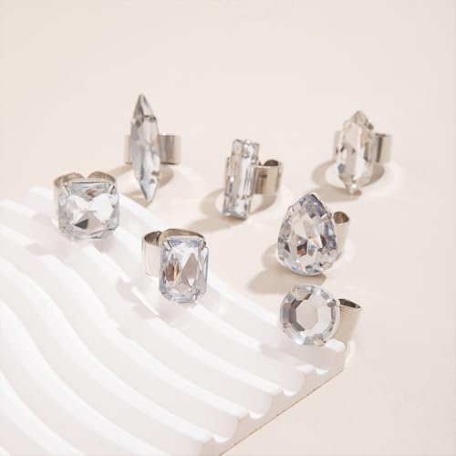 FUTIMELY 7Pcs Exaggerated Chunky Large Rhinestone Ring Set,Glitter Heart Square Oval Teardrop Knuckle Rings,Unique Red Crystal Open Rings Pack Cocktail Jewelry - color: Silver