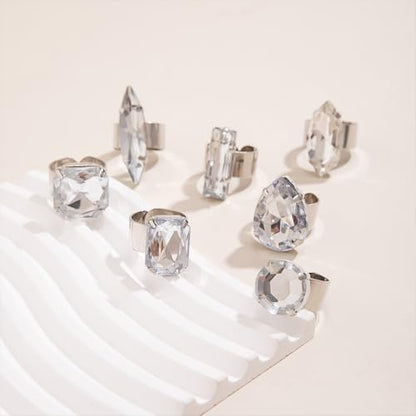 FUTIMELY 7Pcs Exaggerated Chunky Large Rhinestone Ring Set,Glitter Heart Square Oval Teardrop Knuckle Rings,Unique Red Crystal Open Rings Pack Cocktail Jewelry - color: Silver