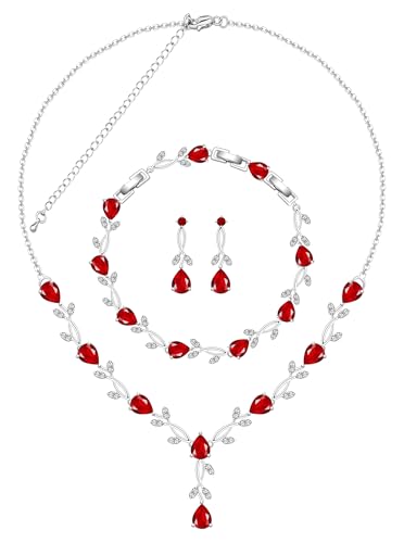 Jewelry Set for Women Bride Bridesmaid Wedding Party Prom Necklace Earrings Bracelet Set Gift for Mother Wife Friend - color: Ruby