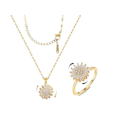 Sunflower Fidget Necklace for Women Gold Moon Necklace Rotating Heart Necklaces Spinning Crystal Flower Anxiety Necklaces Crescent Moons Jewelry Accessories - color: Set2