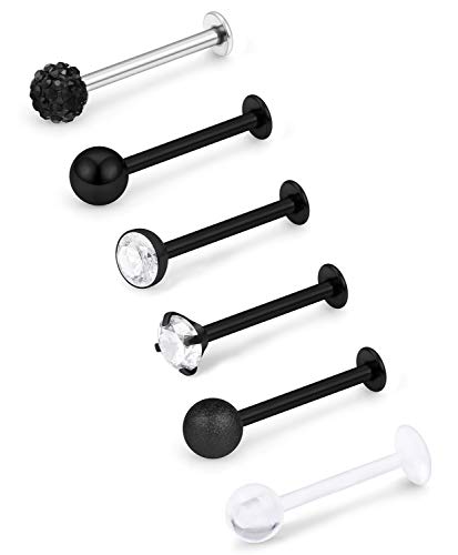 16G Stainless Steel Labret Studs Monroe Lip Rings Retainer Cartilage Tragus Nail Conch Helix Earring Barbell Piercing Jewelry with Clear Diamond CZ for Women Men - color: 5/16"(8mm) black