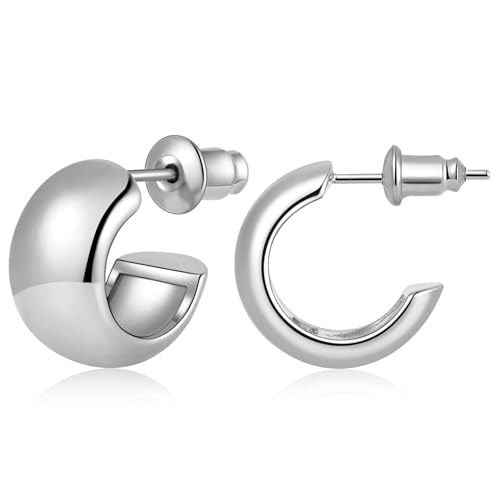 Gamicy Small Gold Hoop Earrings for Women with 925 Stering Silver Post | 14K Gold Plated Hoop Earrings for Women Trendy, Chunky Lightweight Hoops Earrings - color: Silver, size: 13MM