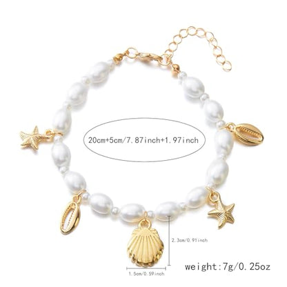 Starfish Mermaid Anklets Bracelets for Women Waterproof Gold Beaded Seashell Starfish Anklets Bohemian Summer Surf Stackable Anklet Bracelet Hawaiian Mermaid Jewelry Outfits for Women - style: Pearl starfish
