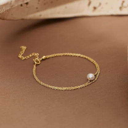 SLOONG 14K Gold Plated Pearl Bracelets for Women Trendy | Dainty Stackable Layered Chain Bridesmaid Bracelets, Waterproof Wedding Jewelry for Women Adjustable 6"+2" - color: Style1(Pearl)