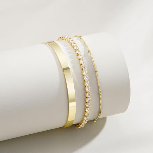 Turandoss Gold Bracelets for Women - Dainty 14K Gold Plated Tennis Bracelet | Stackable Cross Beaded Set, Twisted Rope Chain, Snake Paperclip Chain, Knot Cuff Bracelets for Women, Jewelry Gifts - color: Cuff Tennis Set