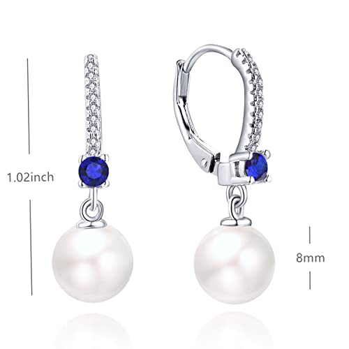 JO WISDOM 925 Sterling Silver Freshwater Pearl Hoop Earrings with Dangle Real Pearl,Simulated Pearls - color: B-8mm white pearl,blue sapphire