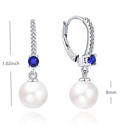JO WISDOM 925 Sterling Silver Freshwater Pearl Hoop Earrings with Dangle Real Pearl,Simulated Pearls - color: B-8mm white pearl,blue sapphire