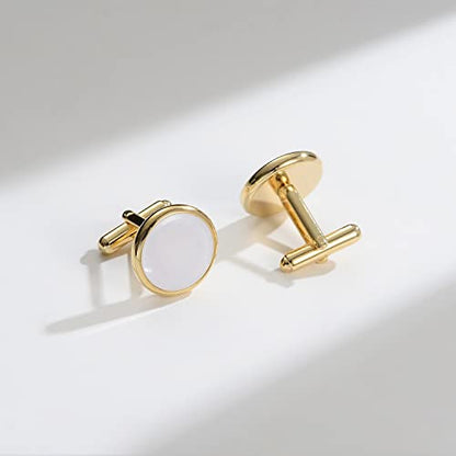 wynameleri Mens Classic Shirts Cufflink Studs, Mother-of-Pearl Tuxedo Shirt Button and Cuff Links Set, Formal Business Wedding Jewelry - color: MOP-Gold White