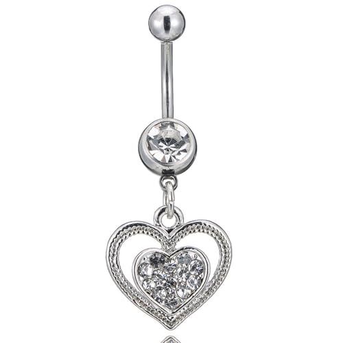 Heart Shape Crystal Belly Button Ring for Women Stainless Steel Navel Piercing Jewelry with Rhinestone Dangle Cute Summer Beach Piercing Jewelry - color: Silver