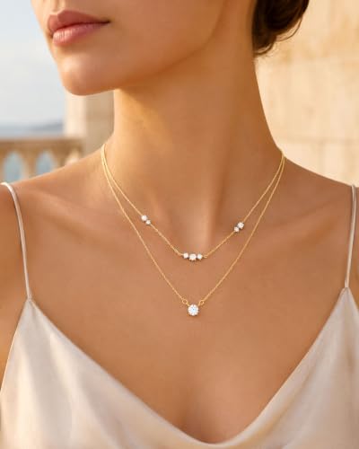 Gold Necklace Stack, Layered Gold Necklaces for Women Jewelry Set | 14K Gold Plated, Separate Chains, Pendant, Dainty, Non Tarnish, Delicate, Chain, Multi, Gift - color: 2 Layer-Solitaire Bar Gold