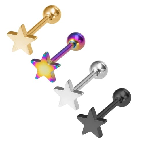 4Pcs 14G Stainless Steel Tongue Rings for Women Simple Heart Star Maple Leaf Tongue Ring Straight Bar Tongue Barbell Hypoallergenic Tongue Piercing Jewelry - style: Star