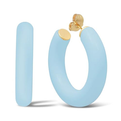 Gold Plated Multicolor Resin Chunky Thick Open Hoop Earrings in 57MM and 37.5MM Diameters - color: Blue - Baby Blue - Matte Finish, size: 37.5MM (1.48") Diameter