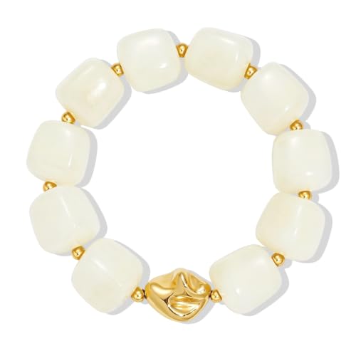 Bead Bracelet for Women Vibrant Color Resin Beads Bracelets Elastic Stretch Chunky Bracelet Boho Summer Beach Vacation Jewelry - color: Creamy White