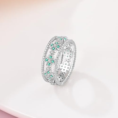 KUNSIR 925 Silver Cubic Zirconia Ring Size 7-9 Wedding Band Sterling Silver Eternity Ring Modern Style - style: Wide Band Lucky Ring