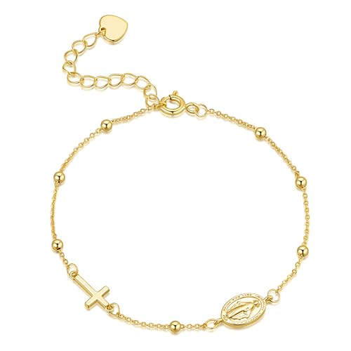 Gold Bracelets for Women 14K Gold Bracelets for Women Beaded Bracelet for Womens Polished Beads Delicate Cross and Petite Virgin Mary Charm Gold Cross Bracelet for Womens