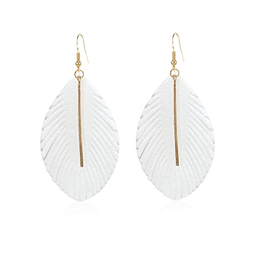 YUNXI Large Genuine Soft Leather Handmade Fringe Feather Lightweight Leaf with Simple Drop Metal Bar Tear Drop Dangle Color Earrings for Women - color: White