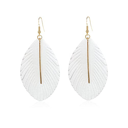 YUNXI Large Genuine Soft Leather Handmade Fringe Feather Lightweight Leaf with Simple Drop Metal Bar Tear Drop Dangle Color Earrings for Women - color: White