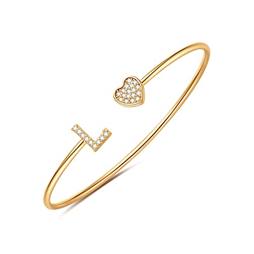 Gold Bracelets for Women Teen Girls, 14K Gold Plated Initial Heart Bangle | Adjustable Open Cuff Bracelet, Dainty Letter Jewelry, Daughter Sister Bridesmaid Friend, Birthday Christmas Graduation Gift - color: L