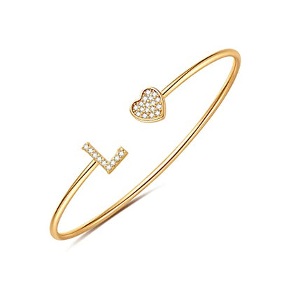 Gold Bracelets for Women Teen Girls, 14K Gold Plated Initial Heart Bangle | Adjustable Open Cuff Bracelet, Dainty Letter Jewelry, Daughter Sister Bridesmaid Friend, Birthday Christmas Graduation Gift - color: L