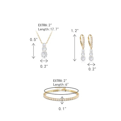 Crysdue Cubic Zirconia Jewelry Set for Women Bridesmaid, Classic Round Cut Drop Lightweight Lever Back Earrings Pendant Necklace Tennis Bracelet for Wedding Prom Party - style: 3pcs Gold