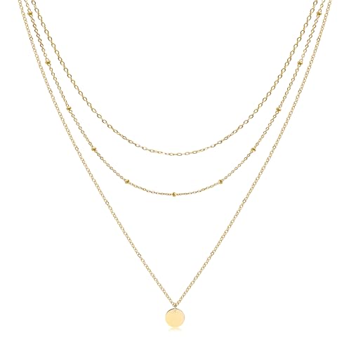 Aisansty Dainty Layered Choker Necklaces Handmade Coin Tube Star Pearl Pendant Multilayer Adjustable Layering Chain Gold Plated Necklaces Set for Women - color: Gold, style: Gold- Layered Disc