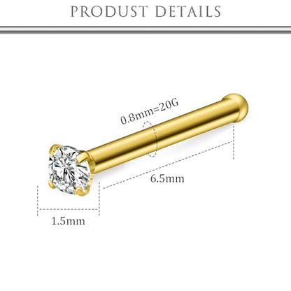 Hoeudjo Nose Studs Surgical Steel Cubic Zirconia Nose Rings Kit for Women Men Tiny Nose Stud Bone & Screw & L Shaped Nostril Piercing Jewelry 24/22/20/18 Gauge 10 Pieces - color: gold-tone,nose bone studs, size: 20g/1.5mm clear CZ