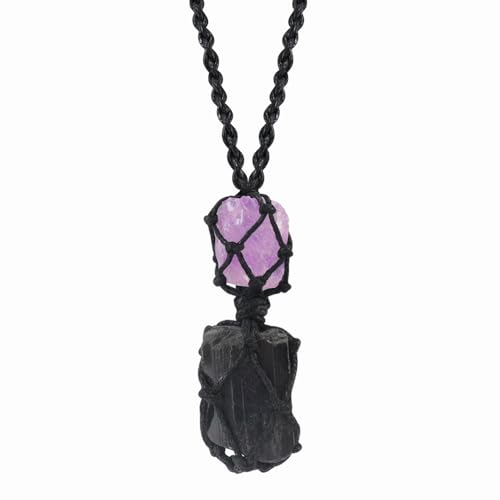Anjiucc Handmade Crystal Cage Holder with Raw Gemstone Pendant Necklace Natural Stone Healing Crystal Necklace Adjustable Length - color: Tourmaline+Amethyst