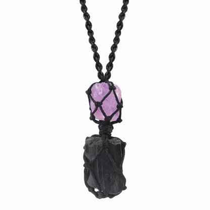 Anjiucc Handmade Crystal Cage Holder with Raw Gemstone Pendant Necklace Natural Stone Healing Crystal Necklace Adjustable Length - color: Tourmaline+Amethyst