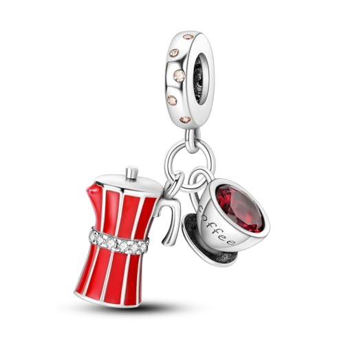 HONGRUI 925 Sterling Silver Charm for Bracelets Fashion Women Jewelry Gift - color: Red coffee cup