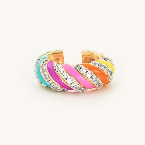 Rainbow Candy Ear Cuff for Women, Non Piercing Single | 14K Gold Plated Brass, Multicolor Cubic Zirconia, 0.4 in Inner Diameter, Fixed 3.8-3.9 mm Opening