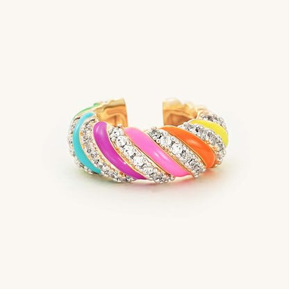 Rainbow Candy Ear Cuff for Women, Non Piercing Single | 14K Gold Plated Brass, Multicolor Cubic Zirconia, 0.4 in Inner Diameter, Fixed 3.8-3.9 mm Opening