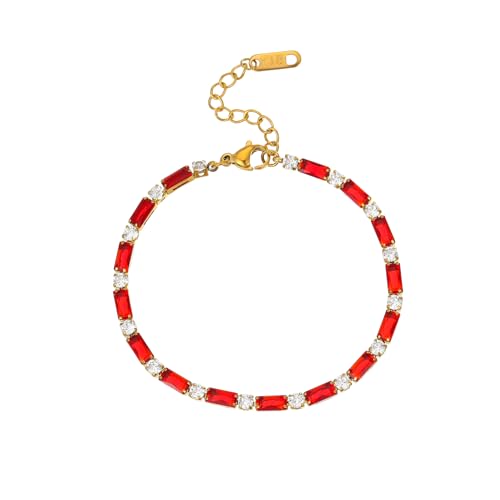 18K Gold Plated Multi-Color Classic Tennis Bracelet for Women Dainty Color 3mm Rainbow Cubic Zirconia Bracelet Adjustable CZ Gold Bracelets Trendy Summer Jewelry Gift - style: Red-Gold